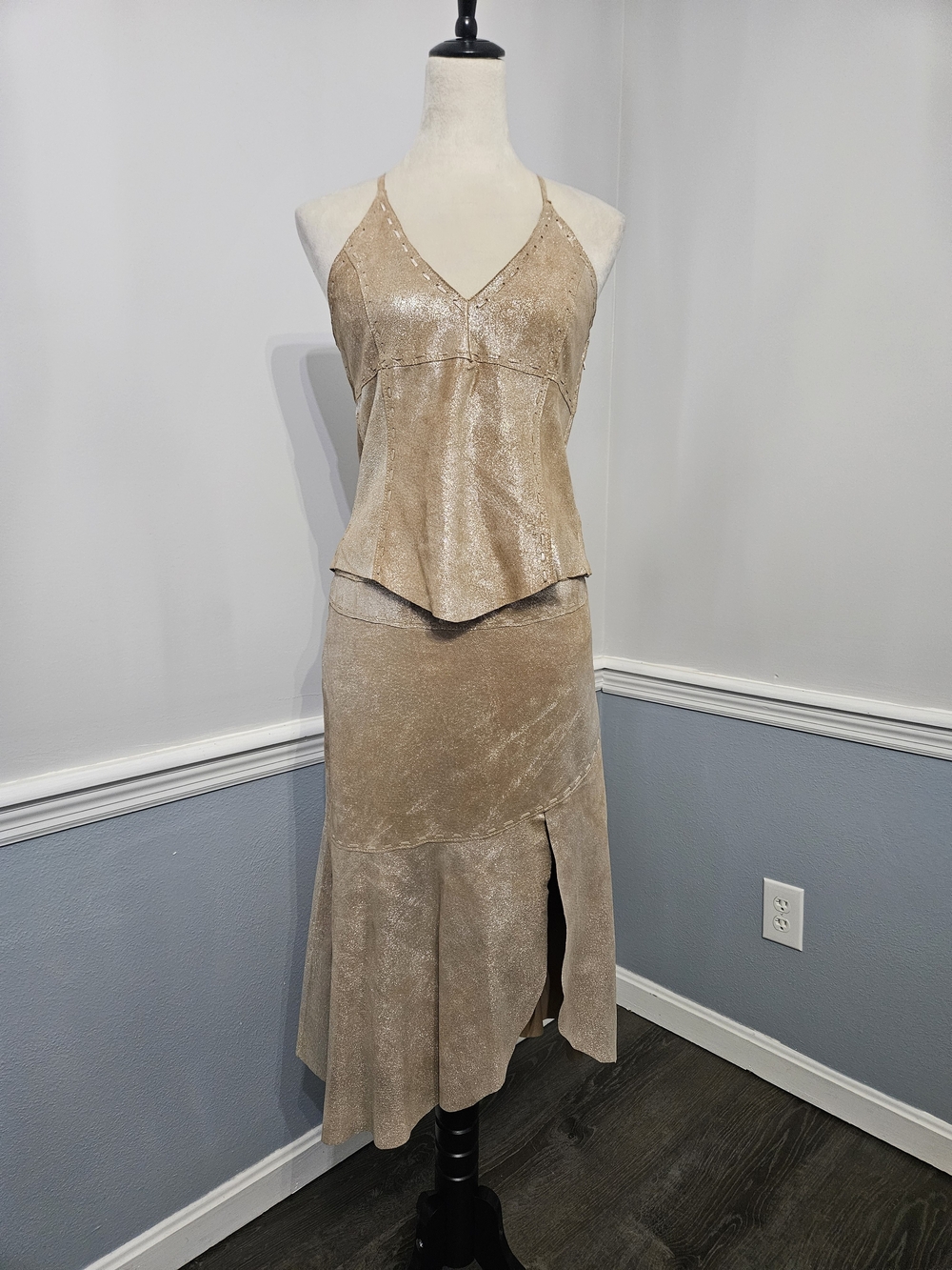 VTG BEBE Metallic Gold Genuine Leather 2 Piece Matching Set Halter Midi Skirt M